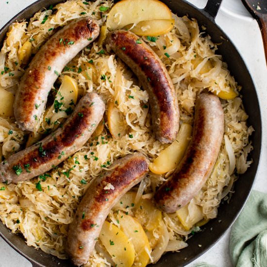 Bratwurst and Sauerkraut - Recipe photo by theforkedspoon