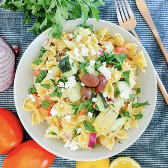 Plant-Based Mediterranean Pasta - Recipe photo by kyleeskitchen