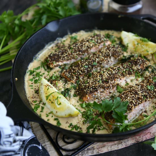 Za’atar Salmon with Spinach and Tah - Recipe photo by angiesrecipes