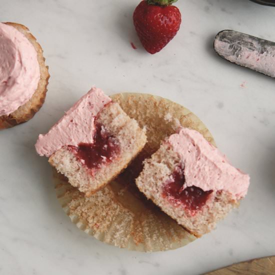 Strawberry Rhubarb Cupcakes - Recipe photo by The Merrythought