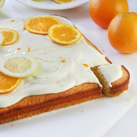 Orange yogurt sheet cake - Recipe photo by hornoMX