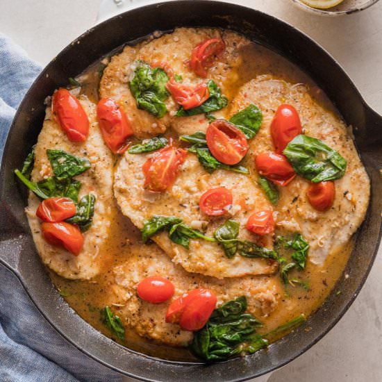 White Wine Spinach Tomato Chicken - Recipe photo by nourishandfete