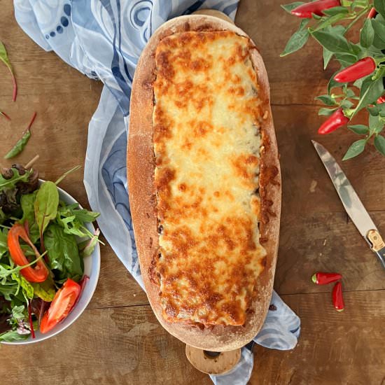 Mushroom Bolognese Stuffed Bread - Recipe photo by thespeltkitchen