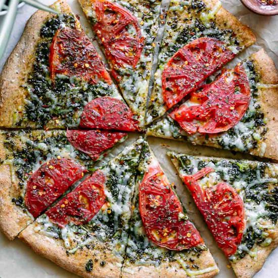 Vegan Pesto Pizza with Tomatoes - Recipe photo by forkintheroad