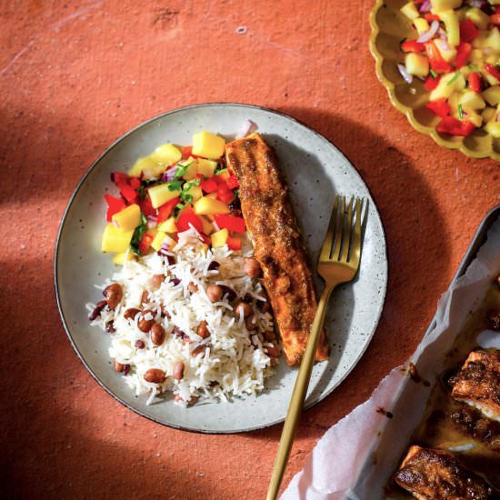 Jerk and Honey Salmon with Mango Sa - Recipe photo by tiffinandteaofficial