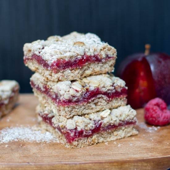 Plum-Raspberry Jam Linzer Bars - Recipe photo by a zest for life