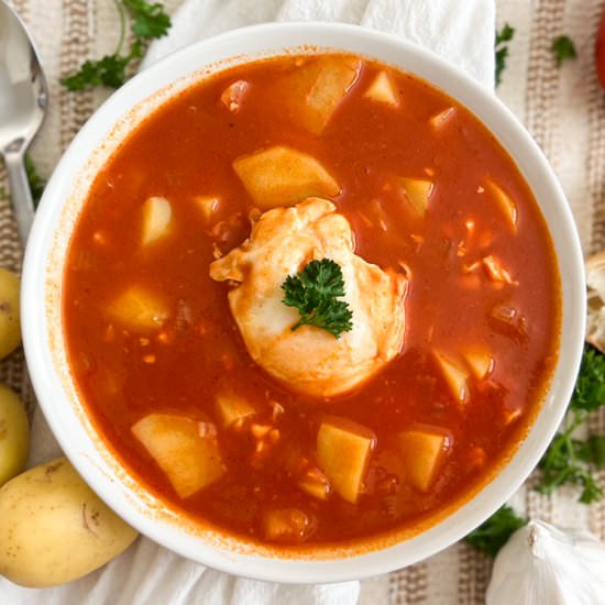Tomato Soup with Potatoes & Eggs - Recipe photo by Spain on a Fork