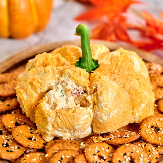 Festive Pumpkin-Shaped Cheese Ball - Recipe photo by lowcarbspark