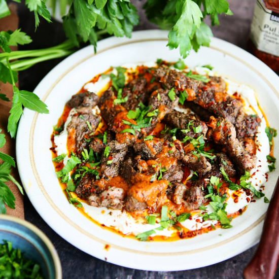 Marinated Steak with Labneh and Pul - Recipe photo by angiesrecipes