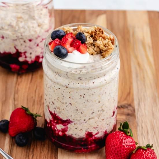 Berry Cheesecake Overnight Oats - Recipe photo by Three Little Chickpeas