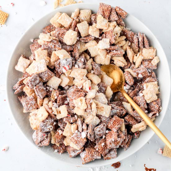 Peppermint Bark Puppy Chow - Recipe photo by My Life After Dairy