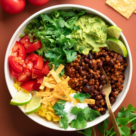 Black Bean Lentil Burrito Bowls - Recipe photo by peasandcrayons
