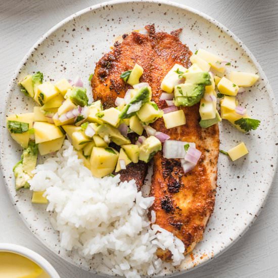 Blackened Fish with Mango Salsa - Recipe photo by nourishandfete