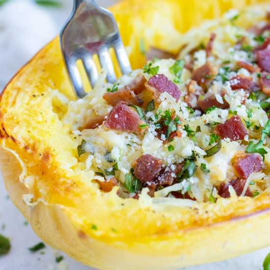 Spaghetti Squash Carbonara - Recipe photo by Evolving Table Food