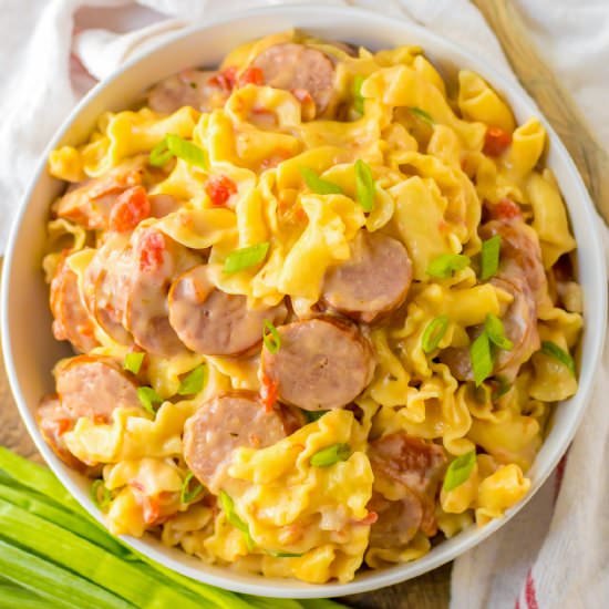 One Pot Cheesy Smoked Sausage Pasta - Recipe photo by OnMyKidsPlate
