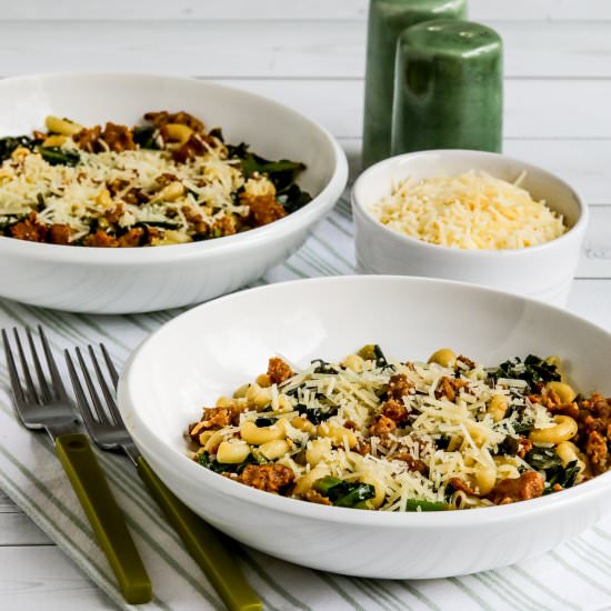 Italian Sausage Pasta with Collards - Recipe photo by kalynskitchen