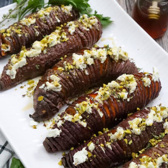 Goat Cheese Hasselback Sweet Potato - Recipe photo by Man Meets Oven
