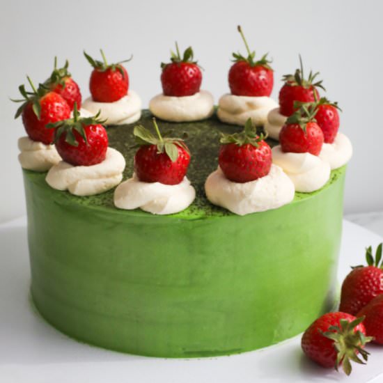 Matcha Cake with Strawberries - Recipe photo by Simshomekitchen