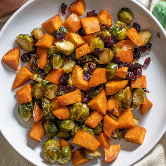 Roasted Sweet Potatoes, Brussels Sp - Recipe photo by GiangisKitchen