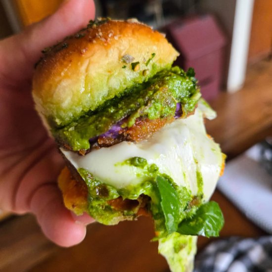 Eggplant Parm & Pesto Sliders - Recipe photo by HappyVeg1986