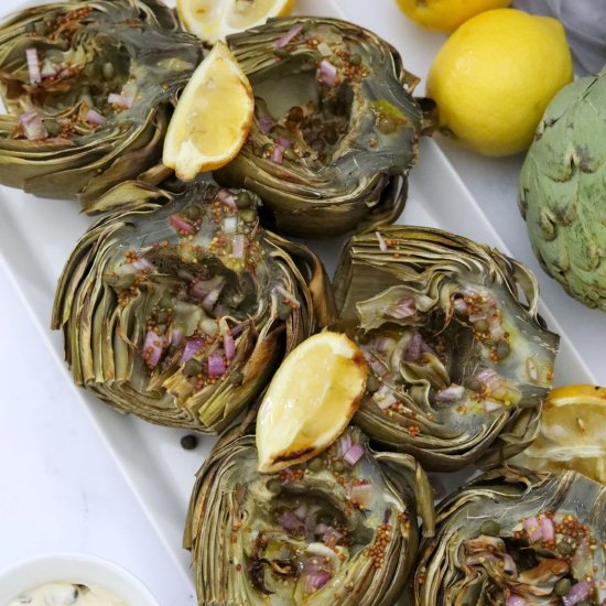Grilled Mediterranean Artichokes - Recipe photo by Man Meets Oven