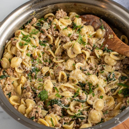 Orecchiette with Sausage & Spinach - Recipe photo by BeyondtheCoop