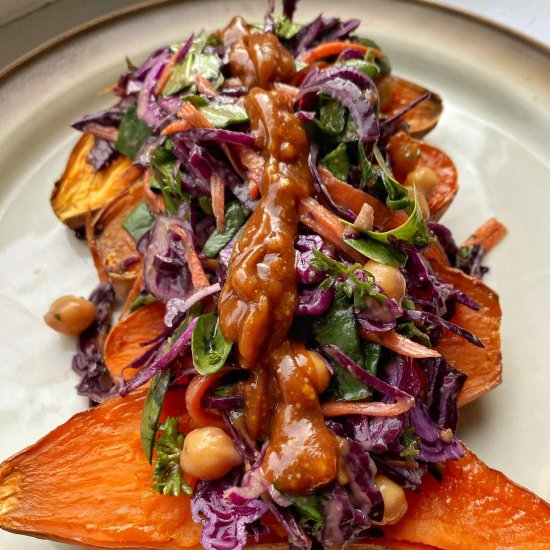Sweet Potato with Peanut Butter Slaw - Recipe photo by tastysimplyvegan