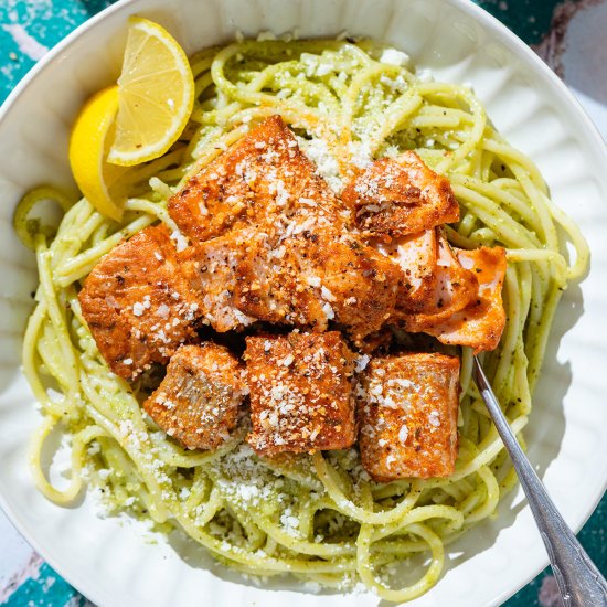Salmon Pesto Pasta - Recipe photo by thehealthfulideas