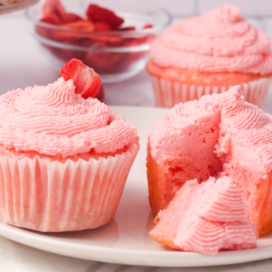 Stunningly Pink Strawberry Cupcakes - Recipe photo by ThrivingInParenting