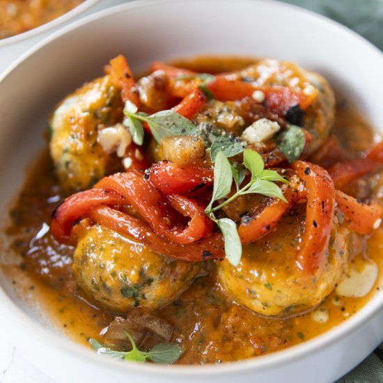 Ricotta & Spinach Gnudi with Roasted Red Peppers - Recipe photo by Apinchofsaffron_Amsterdam