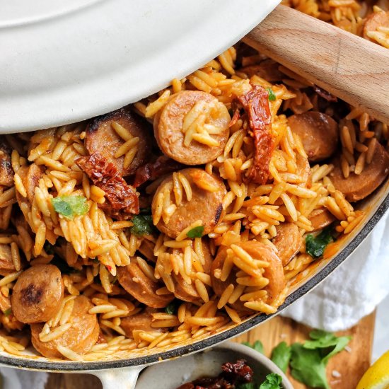 One Pan Chicken Sausage Orzo - Recipe photo by Ereese
