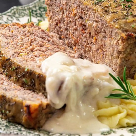 Meatloaf with Creamy Onion Gravy - Recipe photo by NotEntirelyAverage