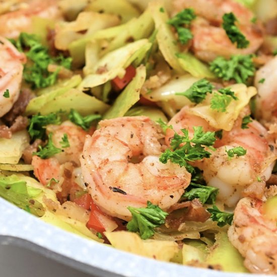 Jerk Fried Cabbage & Shrimp - Recipe photo by We Want To Eat