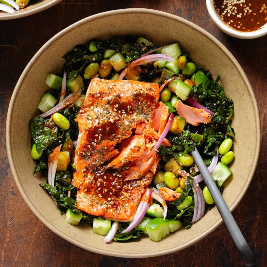 Salmon Kale Salad - Recipe photo by thehealthfulideas
