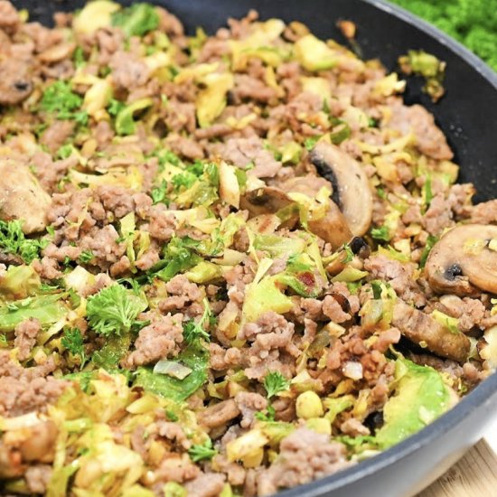 Ground Pork & Shredded Brussels - Recipe photo by Foodie Love