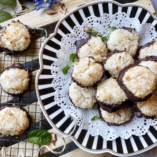 Elsa's Chocolate Dipped Macaroons - Recipe photo by ahintofrosemary