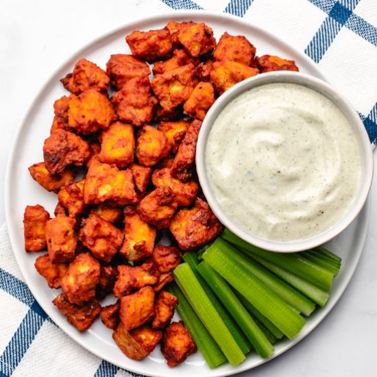 Buffalo Tofu Bites - Recipe photo by Three Little Chickpeas