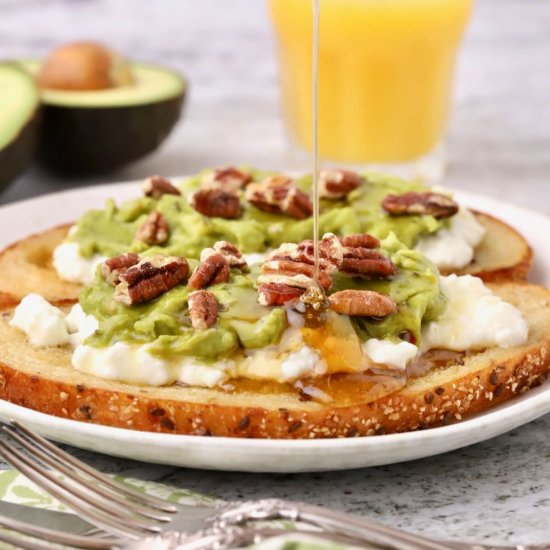 Hot Honey and Pecan Avocado Cottage Toast - Recipe photo by practical southern cooking
