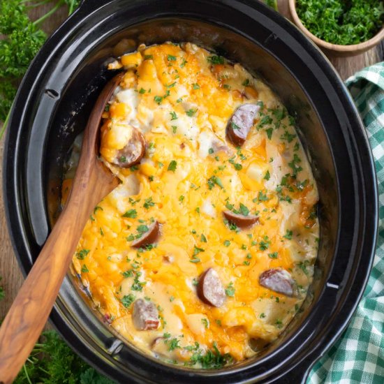 Crockpot Cheesy Potatoes & Kielbasa - Recipe photo by Simply Happy Foodie
