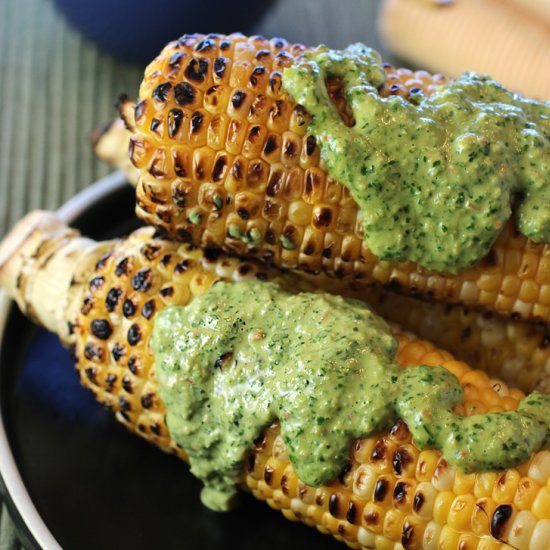 Corn with Tahini Chimichurri Sauce - Recipe photo by Food Gal