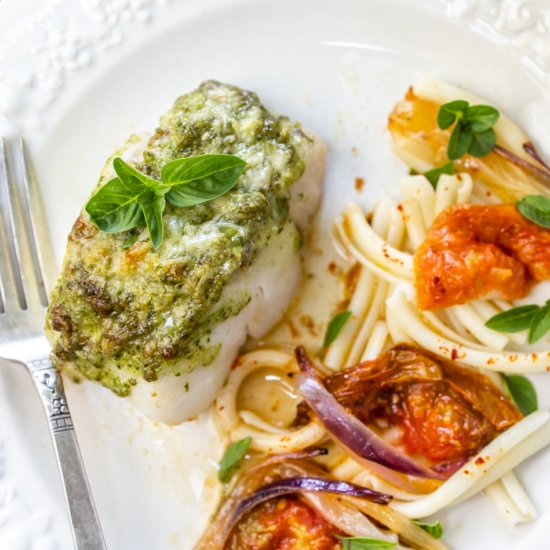 Pesto Roasted Hake-Heirloom Tomato - Recipe photo by a zest for life