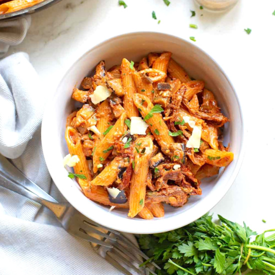 Sun-Dried Tomato & Eggplant Pasta - Recipe photo by ATasteforTravel