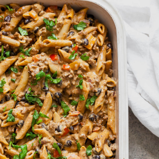 High Protein Creamy Taco Pasta - Recipe photo by thymeandjoy
