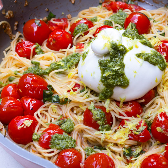 Burrata With Pasta, Tomatoes, Basil - Recipe photo by Two Kooks In The Kitchen