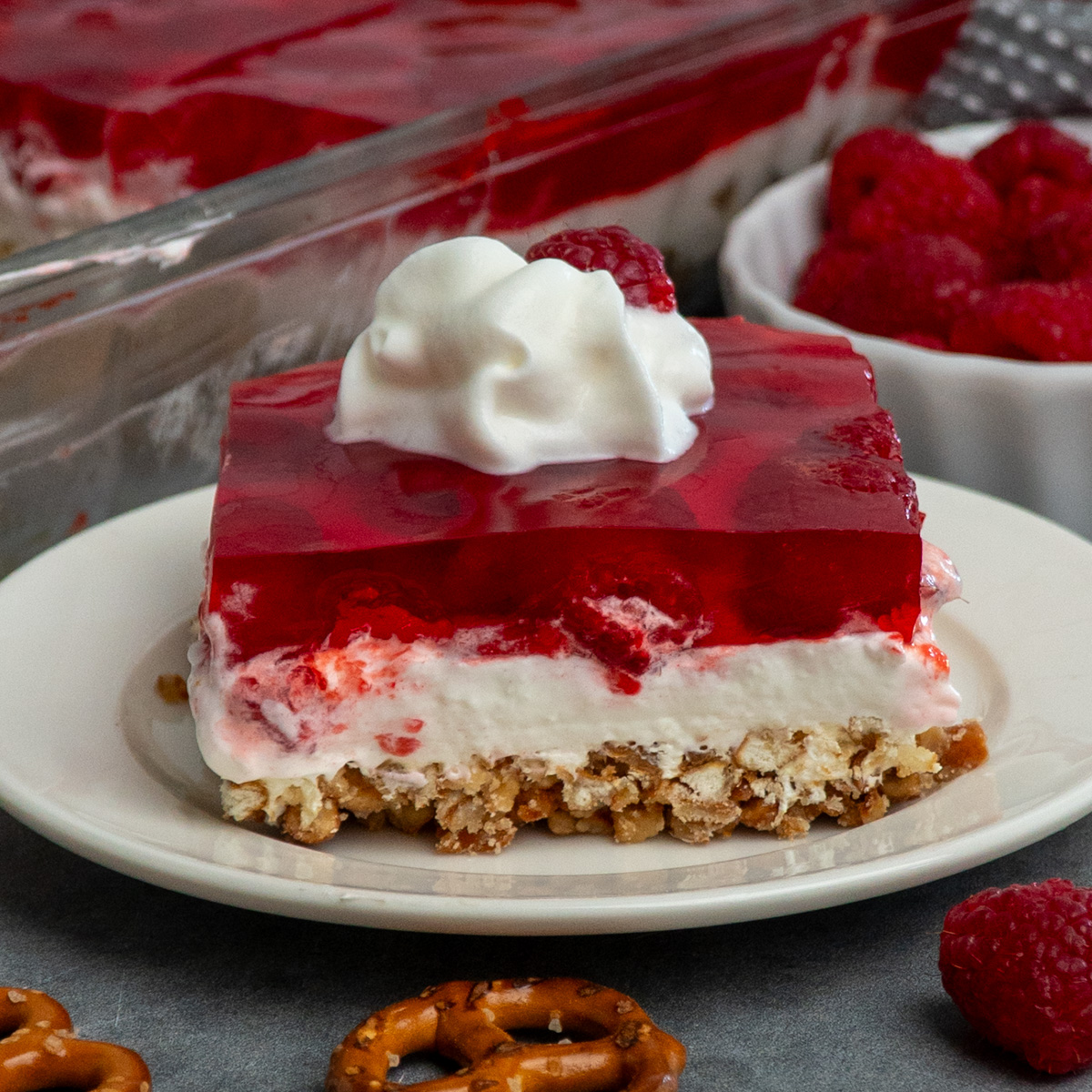 Raspberry Pretzel Salad - Recipe photo by The Cooking Duo