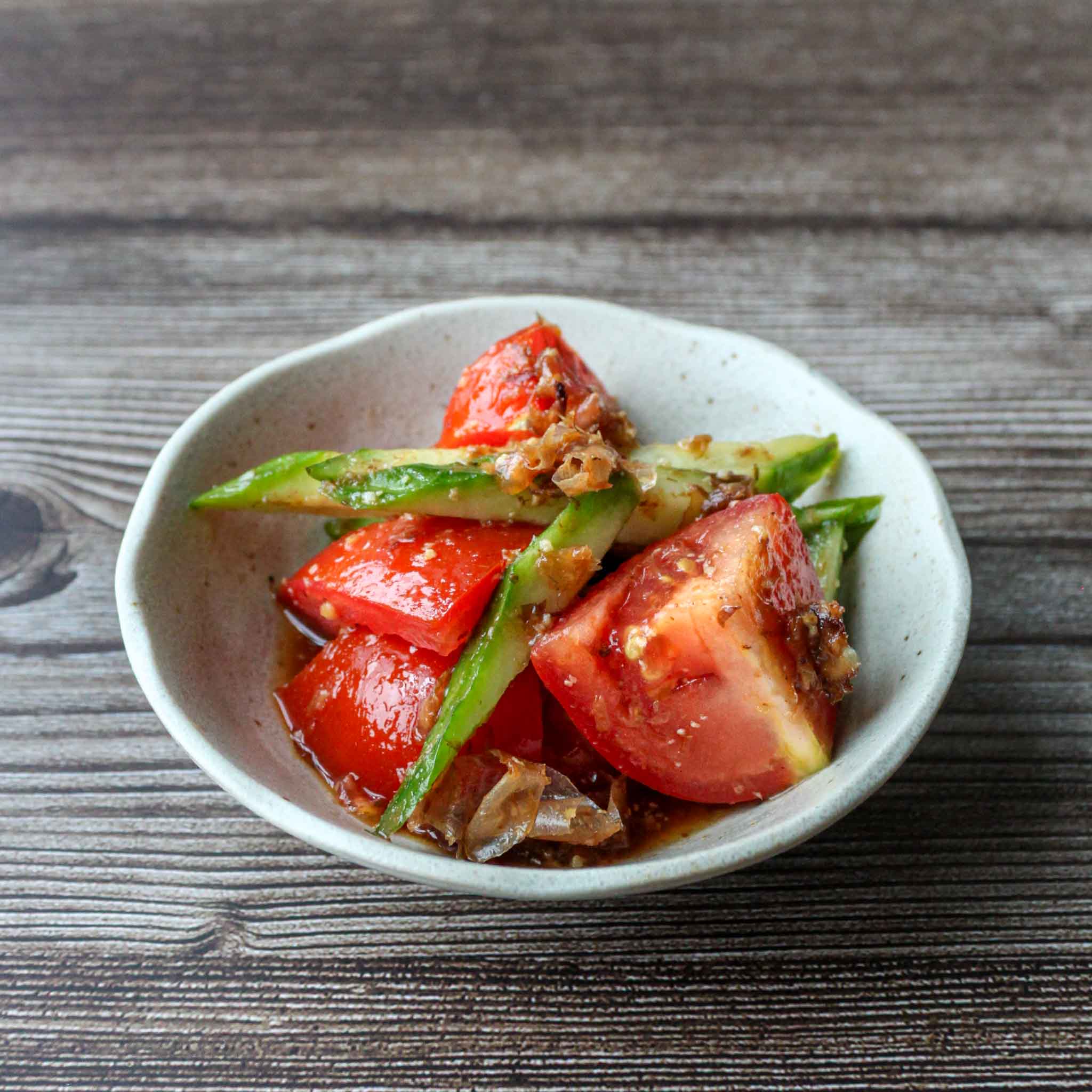 Japanese Tomato Salad with Cucumber - Recipe photo by givemeumami