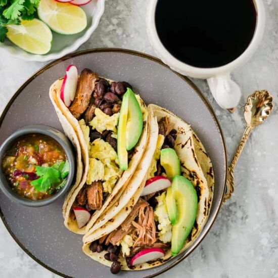 Carnitas and Eggs Breakfast Tacos - Recipe photo by A Latin Flair