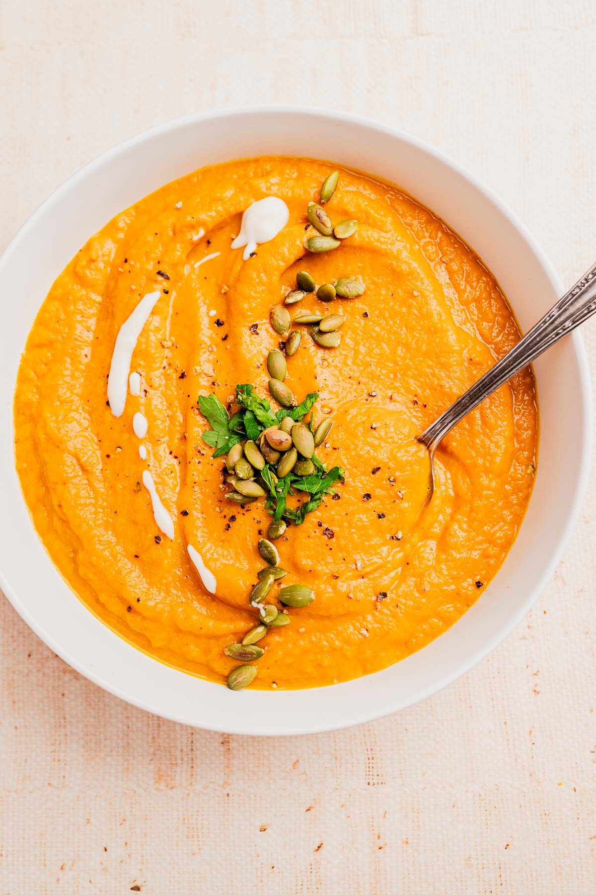 Creamy Pumpkin Sweet Potato Soup - Recipe photo by moon and spoon and yum.