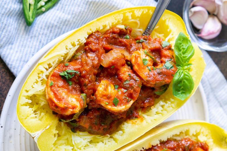 Spaghetti Squash Shrimp Marinara - Recipe photo by savoryexperiments