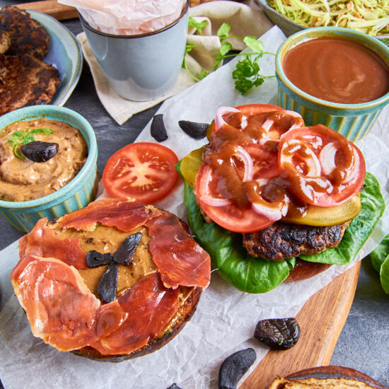 Burger with Black Garlic Aioli - Recipe photo by ForThePleasureOfEating